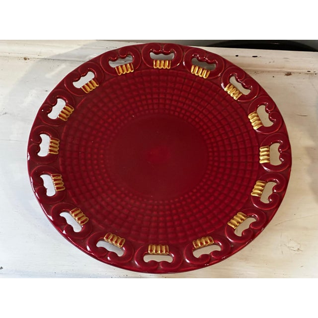 Large Model No. 4162 Openwork Platter in Ruby ​​Red Glazed Earthenware with Gilt Highlights Blanche Letalle for Saint-Clément, 1950s For Sale - Image 9 of 9