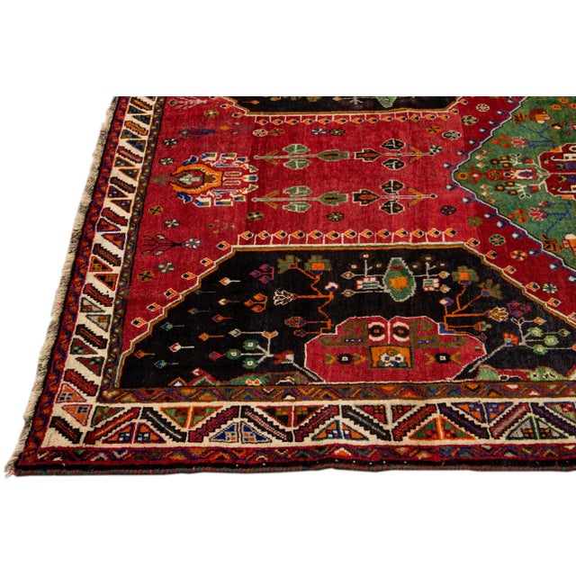 Red and Green Vintage Shiraz Handmade Geometric Designed Wool Rug For Sale - Image 4 of 10