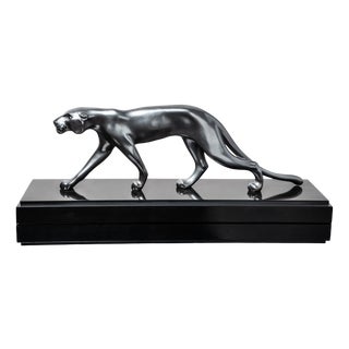 Maurice Font, Panther Sculpture, 1920s, Metal on Marble Base For Sale