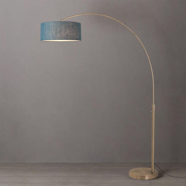 Mid-Century Modern 1960s Float Brass Floor Lamp - 92" Mid Century Modern Arc Lamp, Pool Blue Linen Shade, Dimmable For Sale - Image 3 of 4
