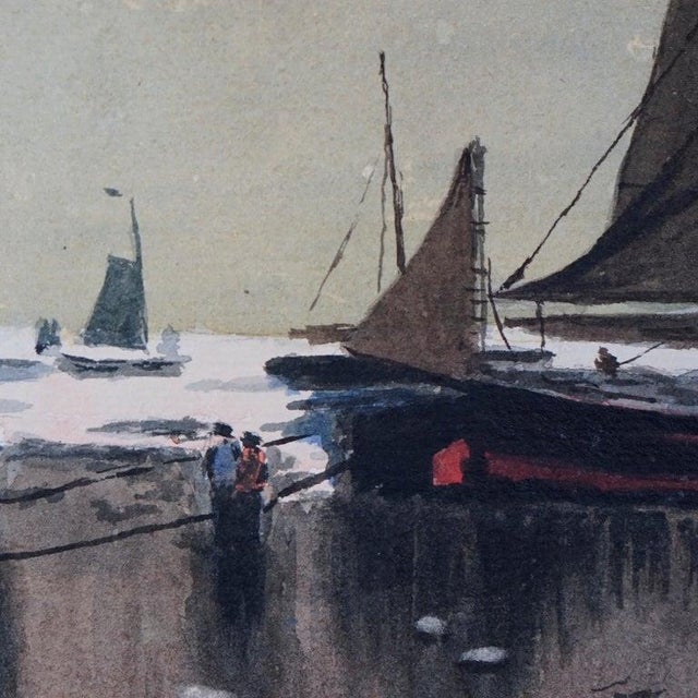Antique Watercolor Seascape Painting With Fishing Boats & Figures by Fww, 19th C For Sale - Image 4 of 7
