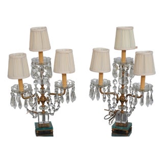 Pair of Vintage Brass & Crystal 3 Arm Candelabra Table Lamps For Sale