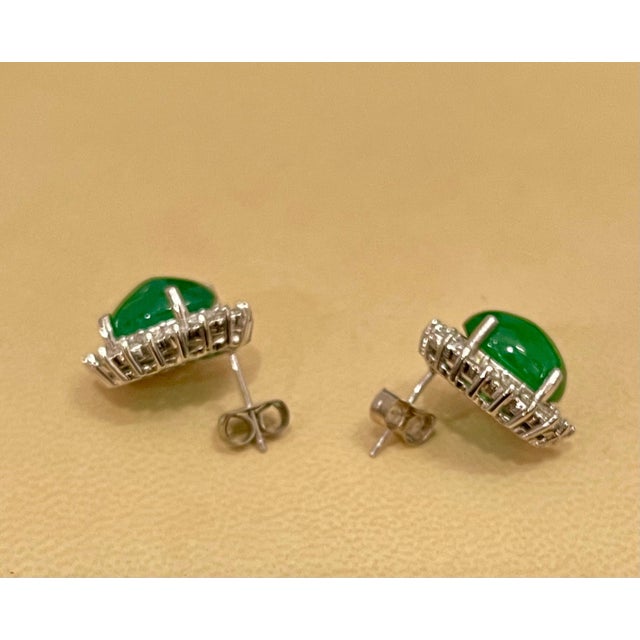12 Ct Natural Emerald Zambia Cabochon & Diamond Stud Earring 14 Karat White Gold For Sale - Image 4 of 18