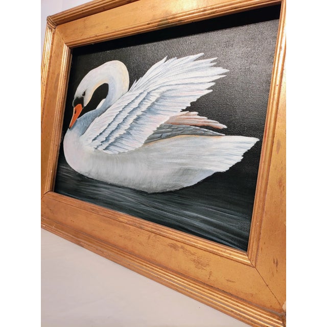 Wood 1940s Swan Oil Painting in Gilt Wood Frame - Bird Art With Gold Frame Moody Vintage Hand-Painted Wall Canvas For Sale - Image 7 of 8