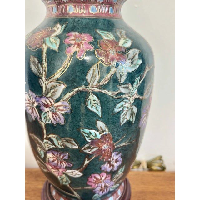 Vintage Asian Floral Cloisonne Style Ceramic Ginger Jar Table Lamp Hand Painted For Sale - Image 9 of 15