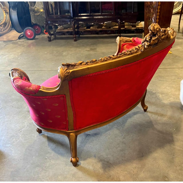 French Sofa Red Granate Upholstery and Carvings Baroque Style For Sale - Image 4 of 10