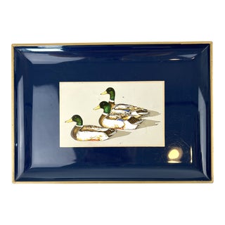 1980s Otagiri Japan Lacquerware "3 Mallards" Duck Signed Tricket Dish or Sushi Canape Plate For Sale