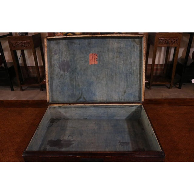 Wood Chinese Red Leather Trunk For Sale - Image 7 of 8