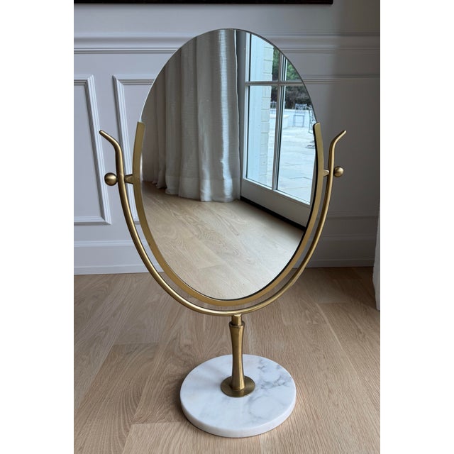 Brass Vintage Oversized Brass & Carrara Marble Double-Sided Vanity Mirror Attributed to Charles Hollis Jones For Sale - Image 8 of 8