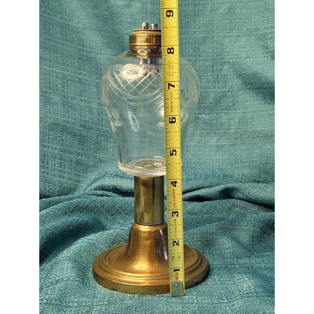 American Rare 1840s Whale Oil Lamp Etched Glass Font Original Double Burner Iron Base For Sale - Image 3 of 18