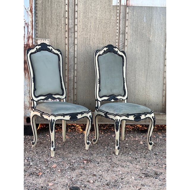 Pair of Early 20th Century Handpainted French Napoleon III Style Painted Side Chairs With New Velvet Upholstery For Sale - Image 10 of 11