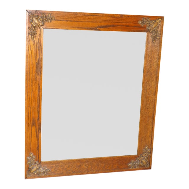 Antique Solid Oak Framed Wall Mirror Gesso Oak & Acorn C. 1900 For Sale