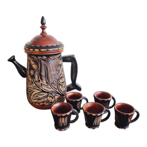 Vintage Carved Wooden Decorative Pitcher and Cups Set