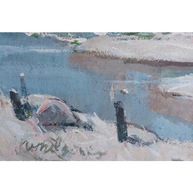 On the beach. 1976. Cardboard /mixed media. 50x59cm Marina landscape with beach, boats and people relaxing on the...