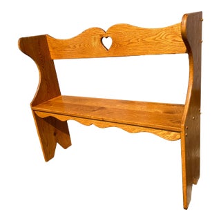 Antique Primitive Oak Bench Seat With a Heart Carved in the Backrest For Sale