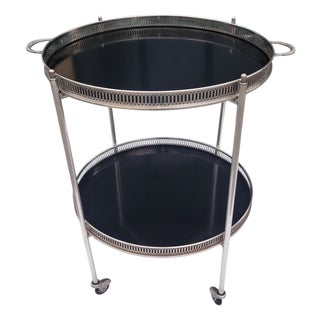 French Hollywood Regency Nickel Bar Cart With Black Formica Trays – Mid Century 2-Tier Trolley For Sale