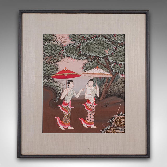 This is a vintage folk art painting. A Thai school, framed gouache piece with Far Eastern taste, dating to the late 20th...