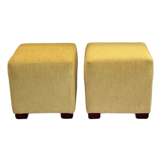 Custom Made Mustard Color Chenille Ottomans- A Set of 2 For Sale