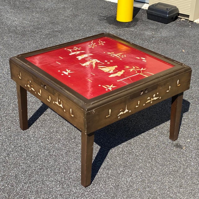 Antique Mahjong Table in Red Lacquer & Mahogany With Mother of Pearl