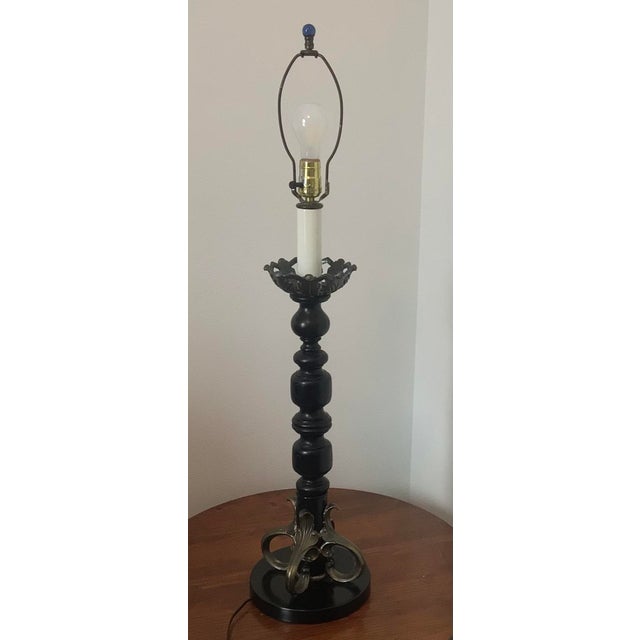 Spanish Revival Mid 20th Century Spanish Revival Barley Twist Candlestick Lamp With Amethyst Finale & Original Foil Metallic Shade For Sale - Image 3 of 13
