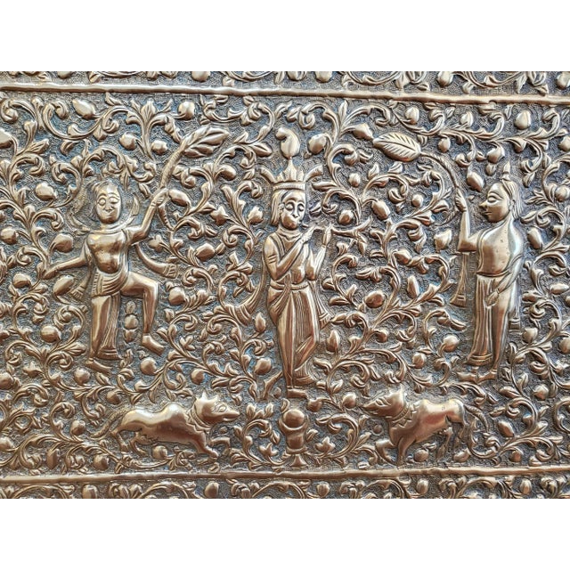 Metal 19th Century Indian Brass Wall Plaque With Hindu Deities and Floral Relief For Sale - Image 7 of 12