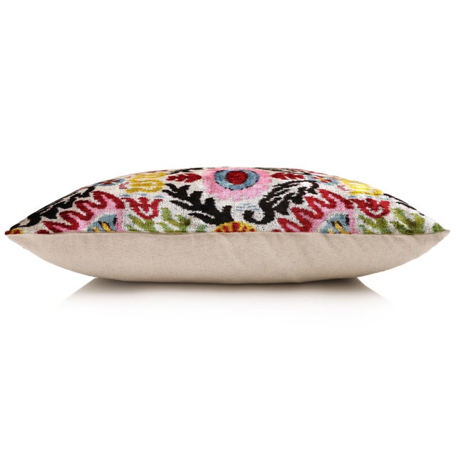 Hand-Knotted Vibrant Floral Silk Velvet Lumbar - 16x24 Pink & Yellow For Sale - Image 4 of 8