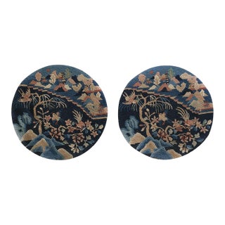 1920s Blue Birds Art Deco Pair of Chinese Peking Carpets 2'x2' Knotted Wool Rugs For Sale
