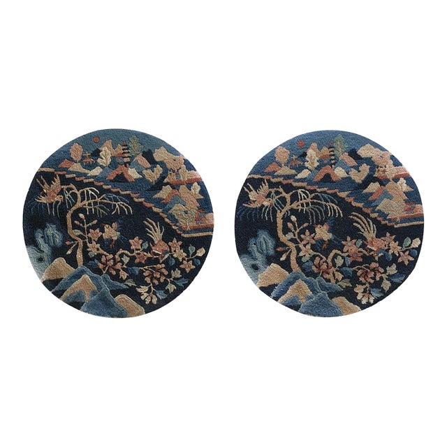 1920s Blue Birds Art Deco Pair of Chinese Peking Carpets 2'x2' Knotted Wool Rugs For Sale