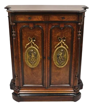 Antique Napoleon III Burl Walnut 2 Door Wardrobe Cabinet With Bronze Plaques