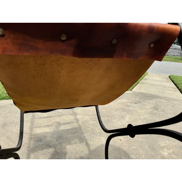 1960s Vintage Italian Wrought Iron, Brass & Leather Curule Chair For Sale - Image 5 of 11