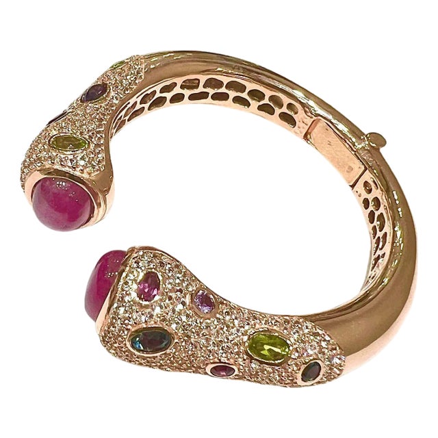 Bochic “Capri” Vintage Ruby & Multi Gem Bangle Set In 18K Gold & Silver For Sale