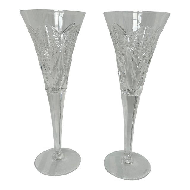1990s Waterford “Happiness” Millennium Series Champagne Flutes- Set of 2 For Sale