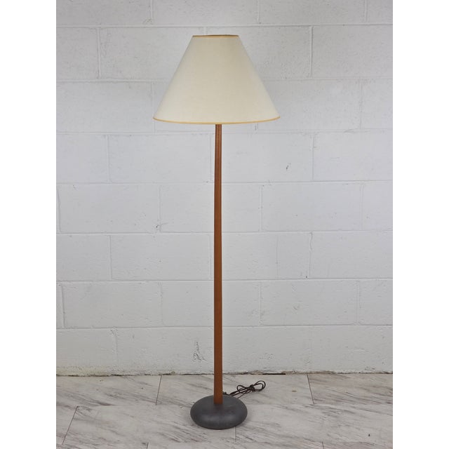 Vintage Danish Modern Sturdy Teak Pole Lamp. Sturdy & Minimalistic Solid Teak Stem On A Charcoal Black Bulbous Ceramic...