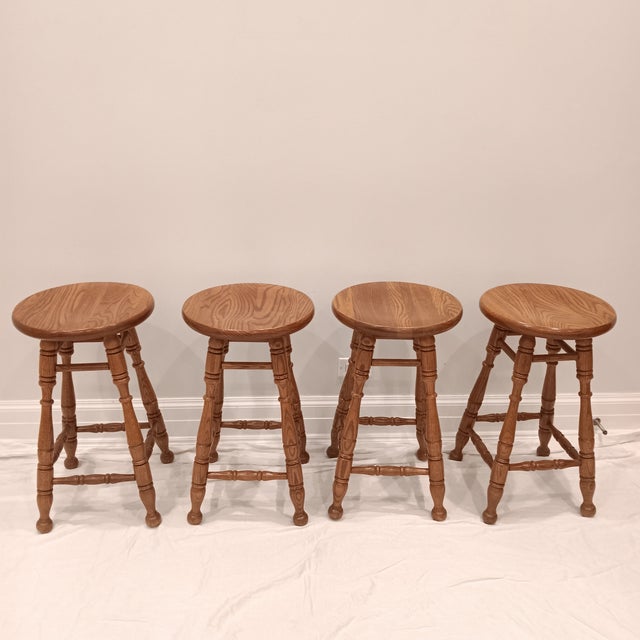 Mid 20th Century Vintage Rustic Farmhouse Solid Oak Tell City Backless Barstool With Paisley Print Seat Cushion For Sale - Image 5 of 17
