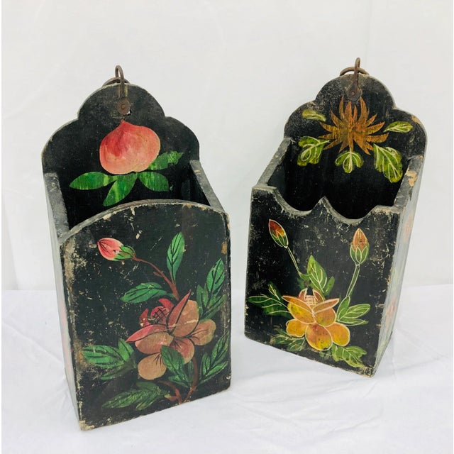 Shabby Chic Antique Hand Painted Hanging Boxes - a Pair For Sale - Image 3 of 11
