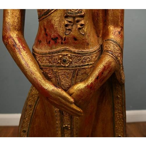 Paint Thai Carved Standing Buddha Statue For Sale - Image 7 of 8