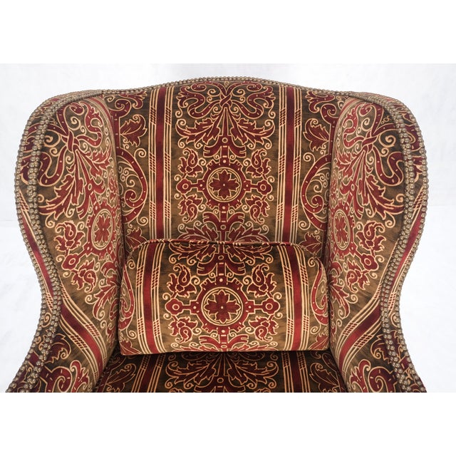 Red Gold Brass Tacks Upholstery Carved Mahogany Base Legs Large Wing Chair For Sale - Image 11 of 12