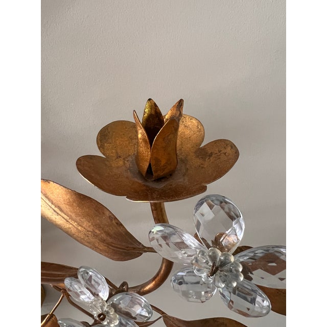 1950s Pair of Gilt Tole Candle Sconces With Glass Flowers For Sale In Kansas City - Image 6 of 8