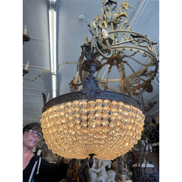 Rococo 1930s Neoclassical Crystal Chandelier With Rococo Shell Motifs – Antique Bronze Finish For Sale - Image 3 of 12