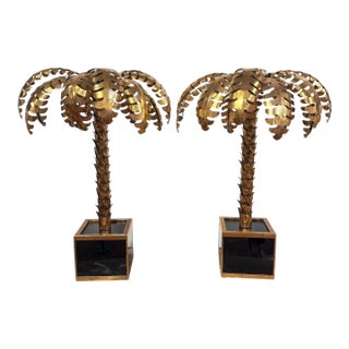 Late 20th Century Pair of Maison Jansen Style Gilt Metal Palm Tree Table Lamps For Sale