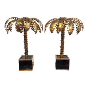 Late 20th Century Pair of Maison Jansen Style Gilt Metal Palm Tree Table Lamps