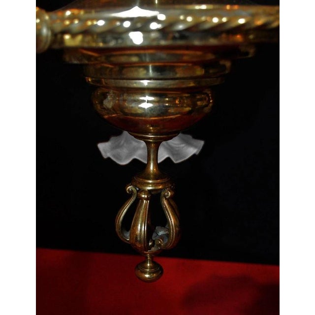 Metal Art Deco French Brass Five-Light Chandelier with Opaline Glass Shades, 1920s For Sale - Image 7 of 18
