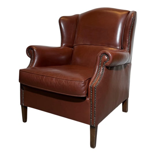 Vintage Tobacco Brown Leather Wingchair For Sale