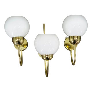 Vintage Brass and Opaline Glass Wall Lights by Kamenický Šenov, 1970s, Set of 3 For Sale