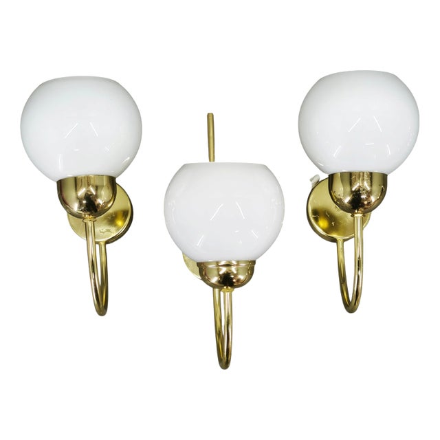 Vintage Brass and Opaline Glass Wall Lights by Kamenický Šenov, 1970s, Set of 3 For Sale