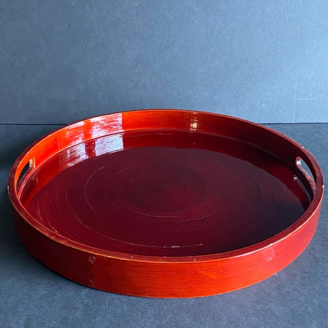 Brick Red Vintage Asian Red Lacquered Round Serving Tray For Sale - Image 8 of 12