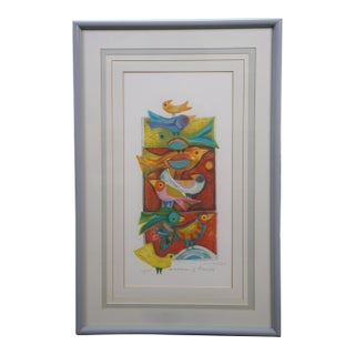 1970s Judith Bledsoe Signed Charm of Finches Stacked Birds Lithograph Print 29" For Sale