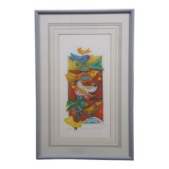1970s Judith Bledsoe Signed Charm of Finches Stacked Birds Lithograph Print 29" For Sale