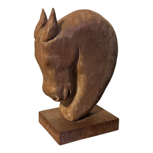 American Art Deco Carved & Limed Wood Sculpture of a Horse Head Circa 1930