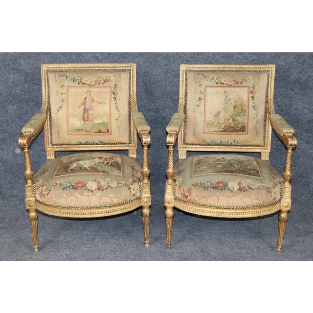 Gold Pair 19th Century French Louis XVI Style Giltwood Aubusson Armchairs For Sale - Image 8 of 13